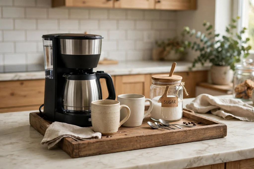 Kitchen coffee station on a wooden tray with a coffee maker, mugs, sugar jar, and spoons.