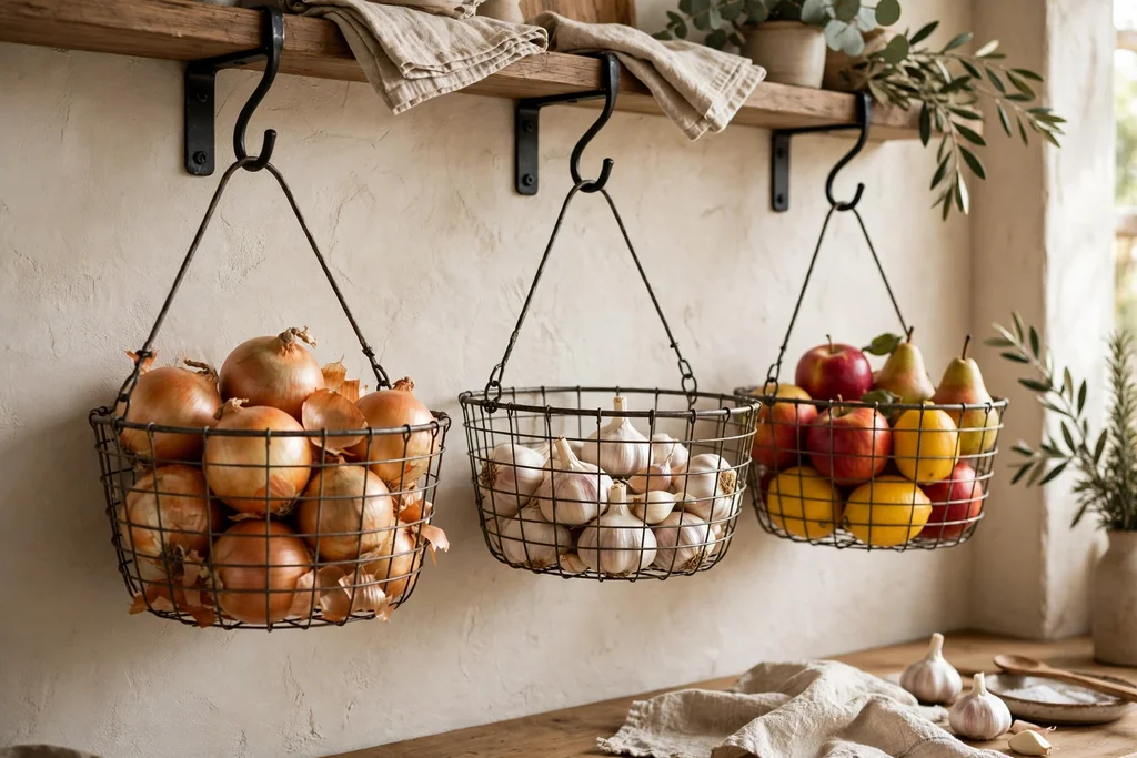 Wire baskets hanging on kitchen wall hooks holding onions, garlic, and fruit.