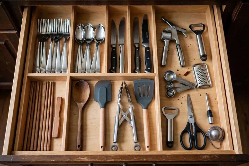 Open kitchen drawer with wooden dividers organizing cutlery, cooking utensils, and gadgets.