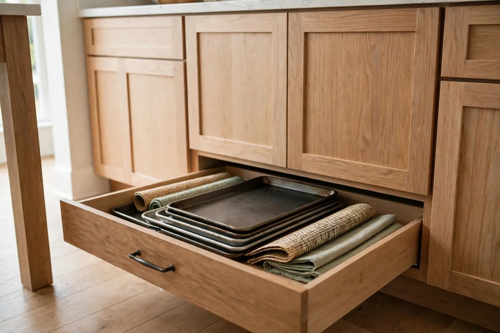 Shallow toe-kick drawer open under kitchen base cabinets holding baking sheets and placemats.