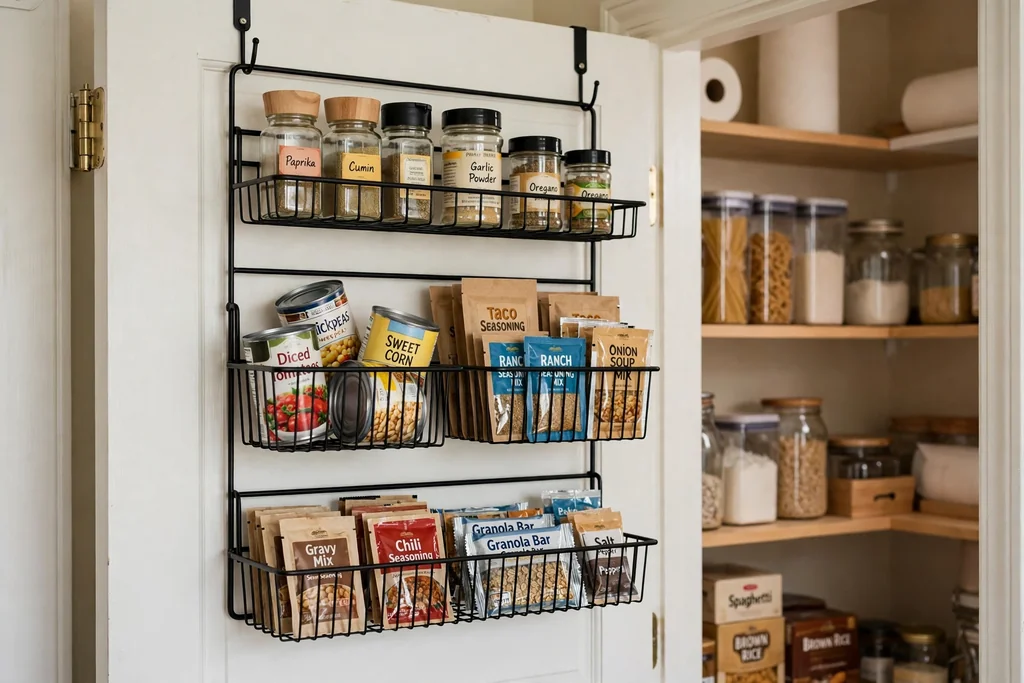 Over-door pantry rack on an open pantry door holding spice jars, cans, and small packets.