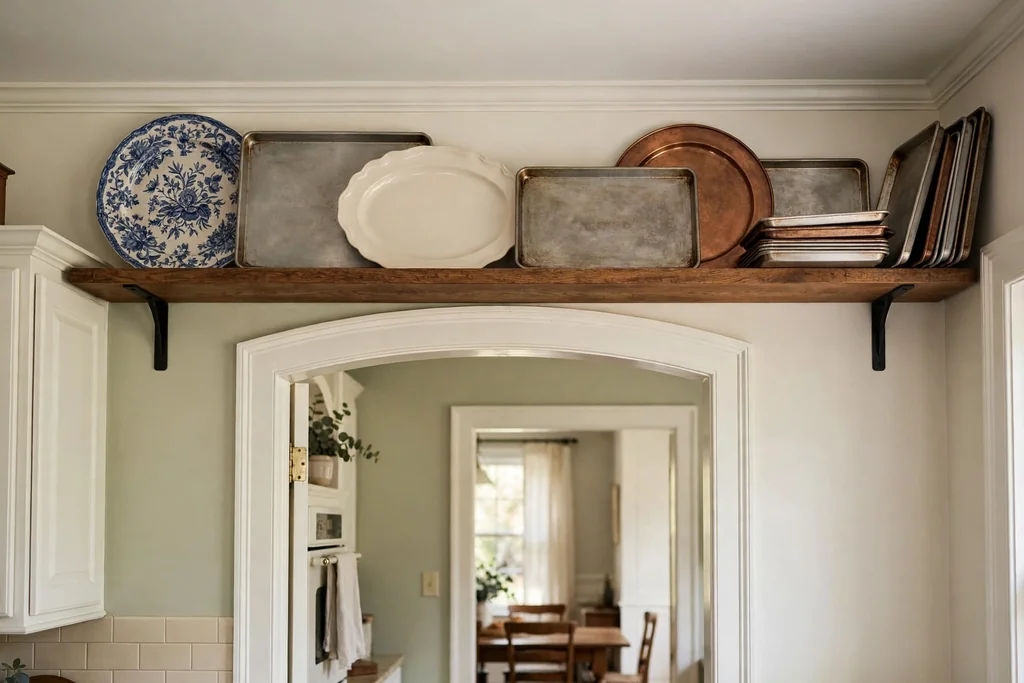 Single high shelf above a kitchen doorway holding large serving platters and baking trays.