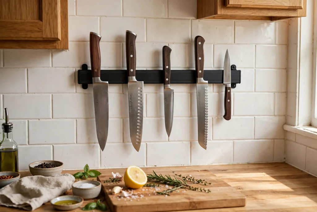 Magnetic knife strip on a kitchen wall holding several kitchen knives above a counter.