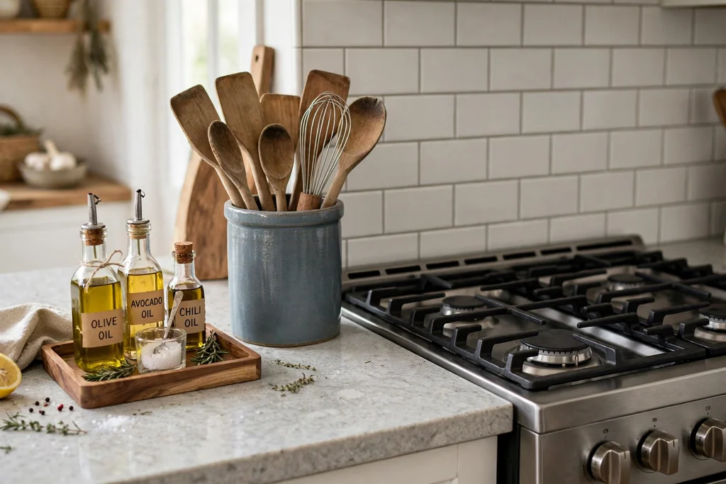 Countertop utensil crock beside a stove holding wooden spoons, spatulas, and a whisk.