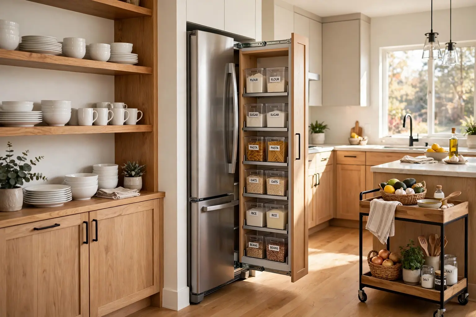 Bright tidy kitchen with open wood shelves, a slim pull-out pantry, clear pantry bins, and a rolling cart.