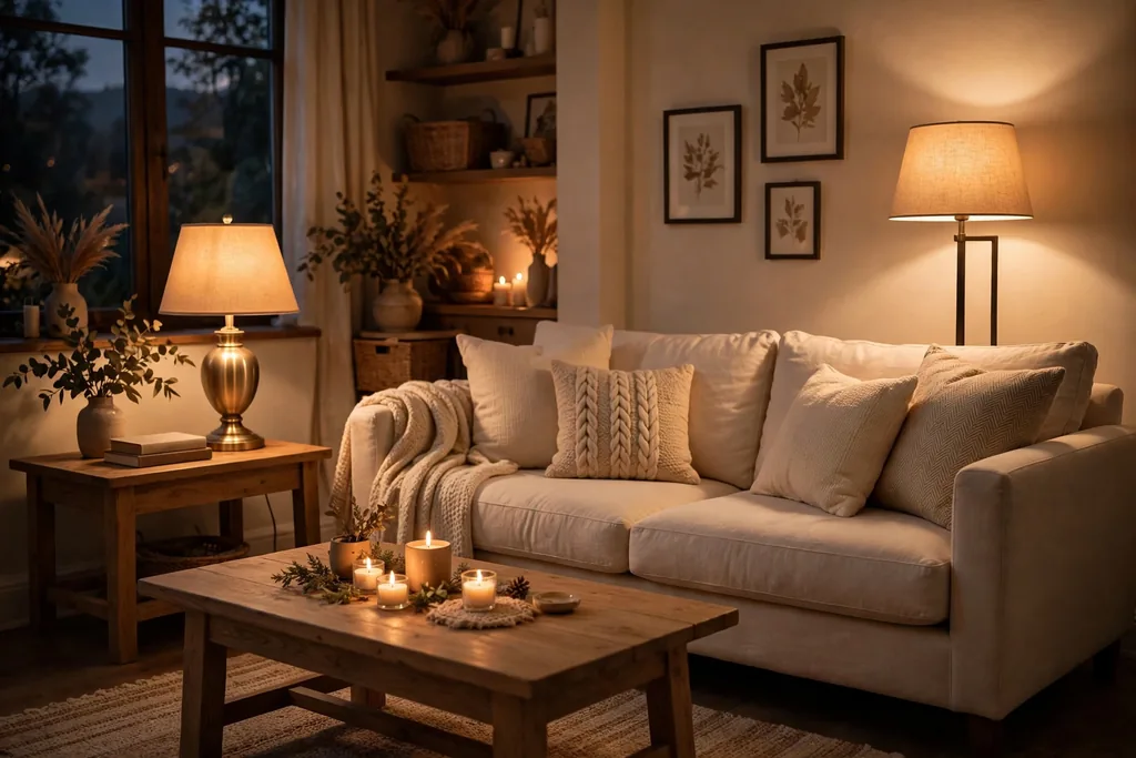 Cozy living room in the evening with a warm table lamp, a floor lamp, and candles on a coffee table.