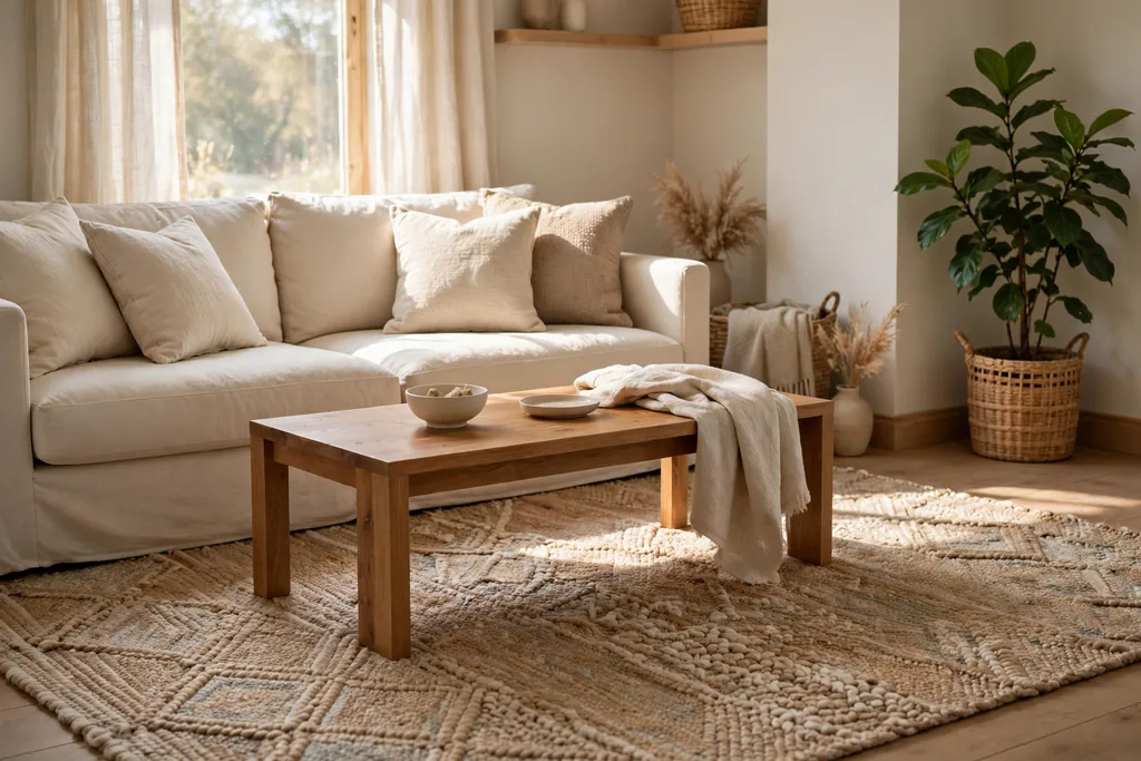 Living room with a large textured woven rug under a cream sofa and a wood coffee table.