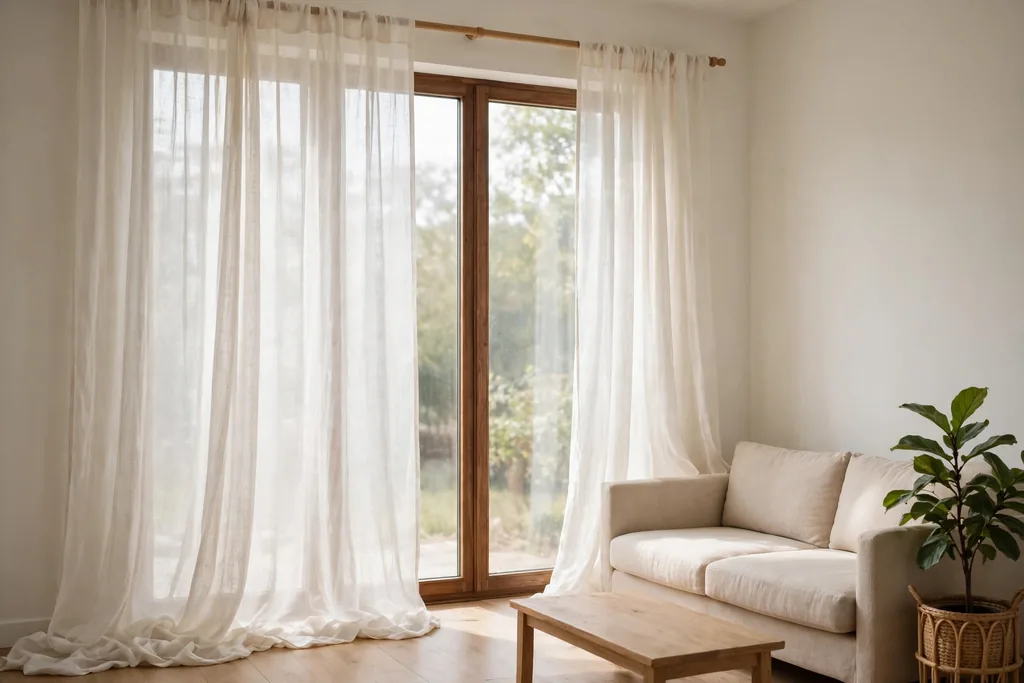 Bright room with long sheer linen curtains in warm white hanging beside a large window.