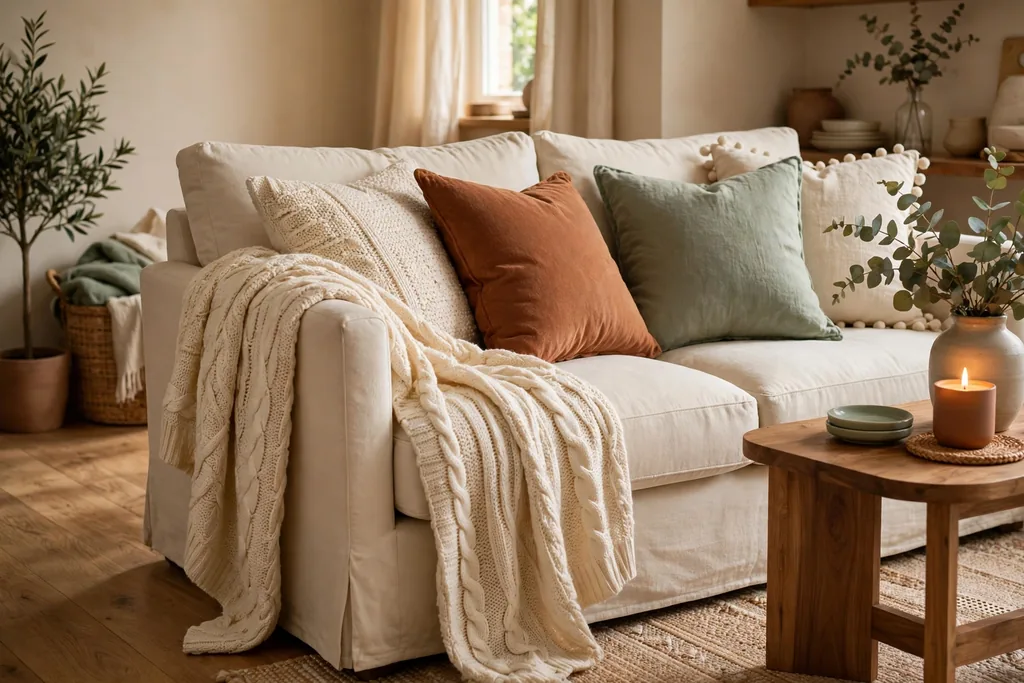 Sofa layered with soft throws and cushions in cream, rust, and sage, with a knit throw over one arm.