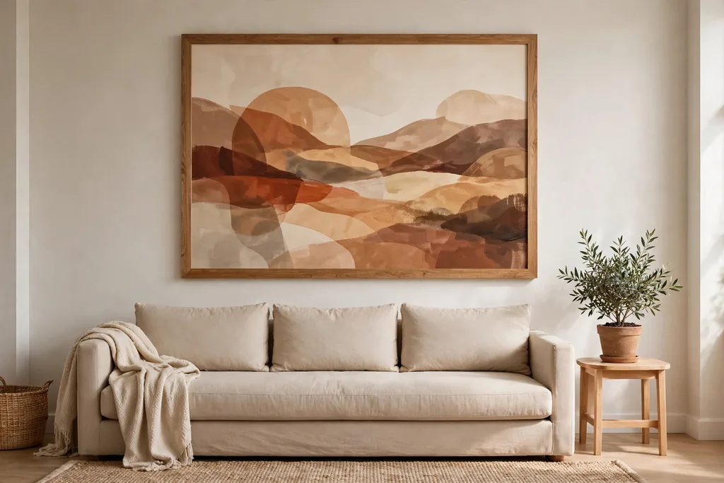 Living room with one oversized framed print in warm earth tones hanging above a plain sofa.