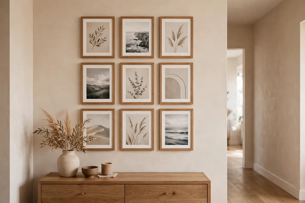 Hallway wall with a gallery wall of framed prints in matching wood frames above a console table.
