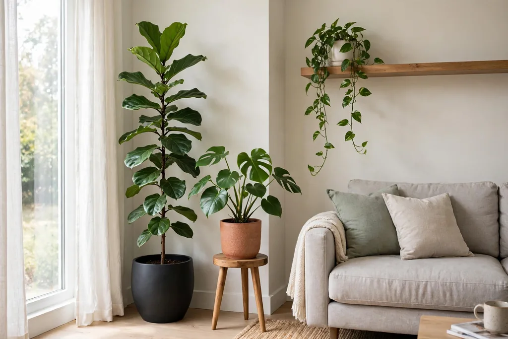 Bright living room corner with houseplants at different heights, including a tall floor plant and a trailing plant on a shelf.