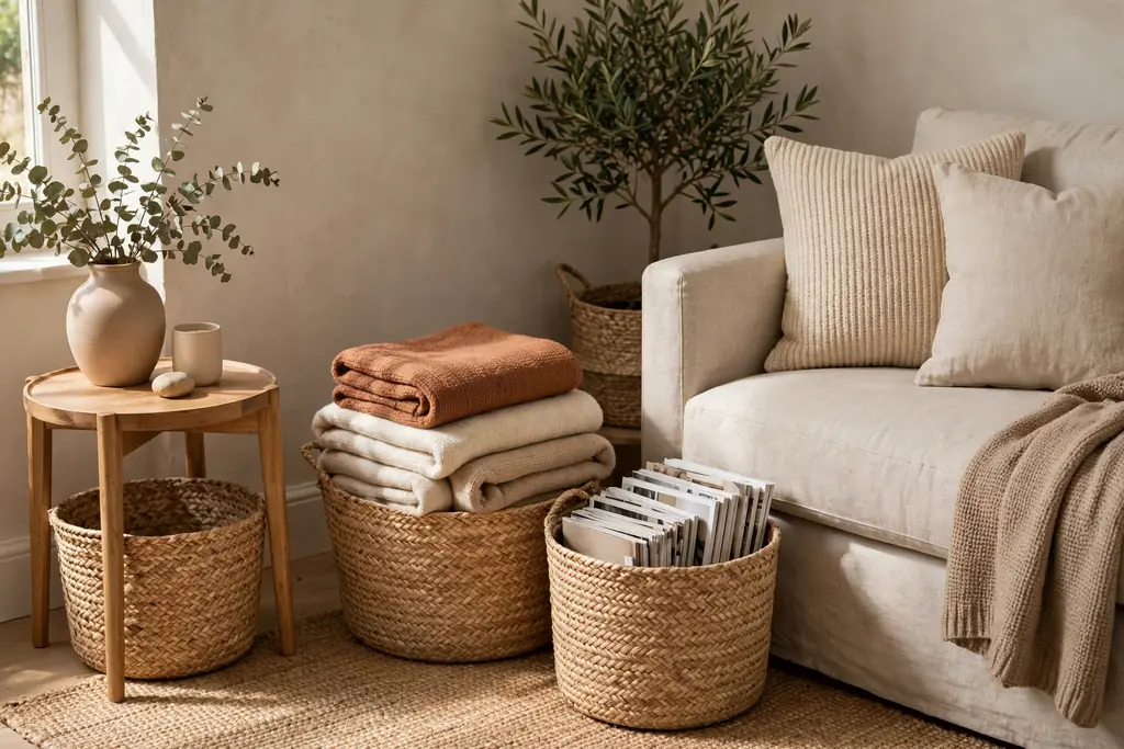 Tidy living room corner with woven seagrass baskets holding folded throws beside a sofa.