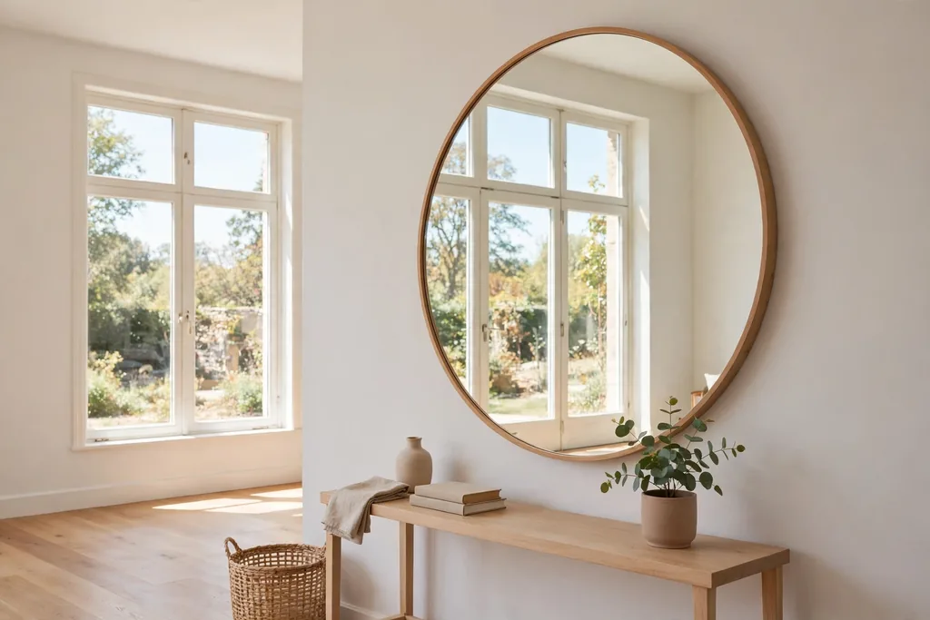 Bright room with a large round mirror with a thin wood frame hanging above a console table near a window.
