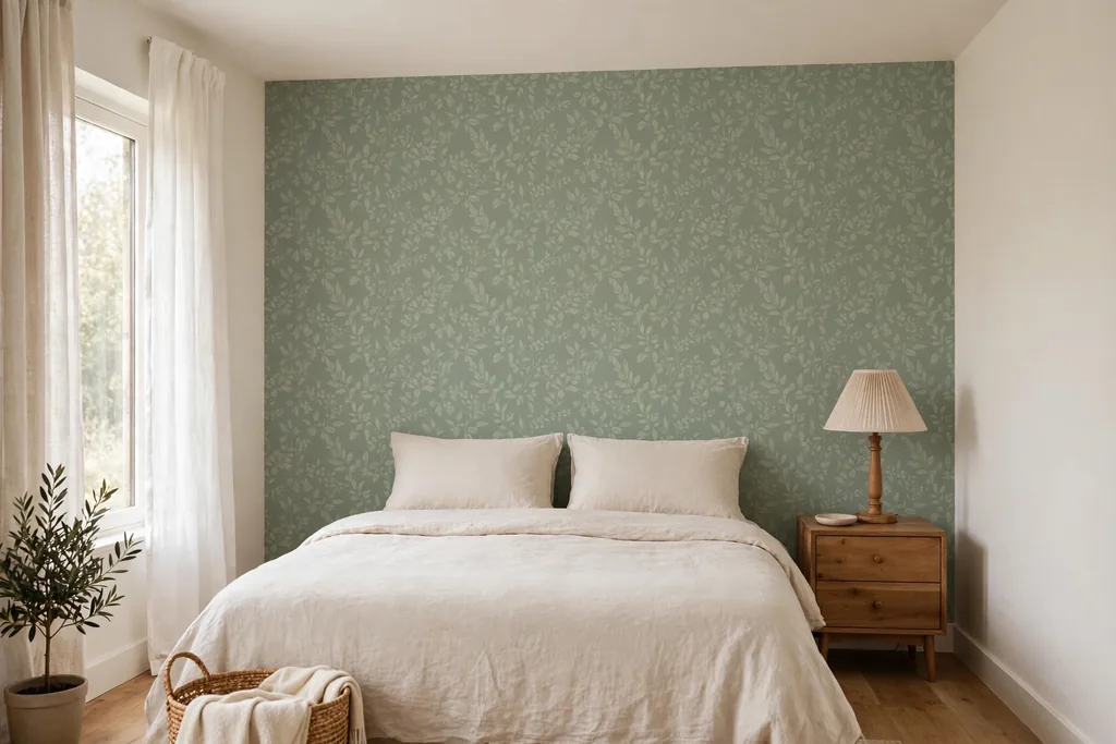 Bedroom with one accent wall in soft sage wallpaper with a subtle pattern, plain bedding, and a wood nightstand.