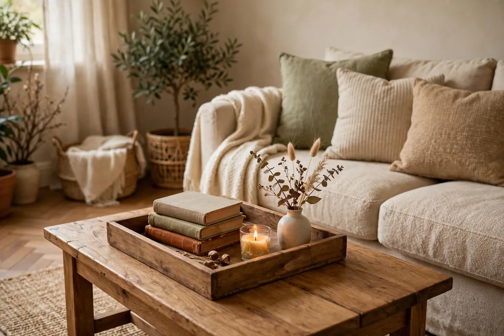 Coffee table styled with a wood tray holding books, a candle, and a small vase with dried stems.