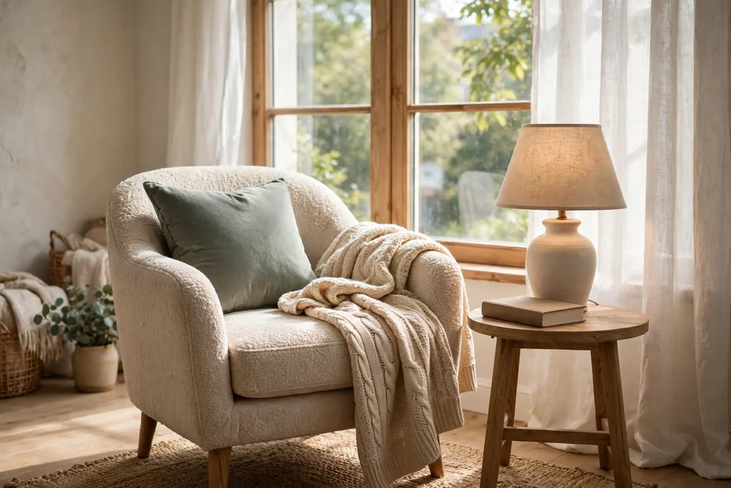 Cozy reading nook by a window with an armchair, a cushion and throw, and a small side table with a lamp.