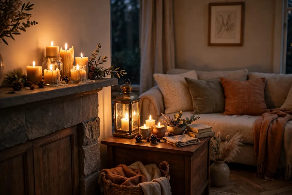 Cozy evening living room with candles and a lantern glowing on a mantel and side table.