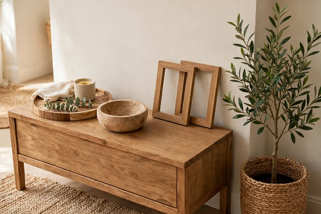 Warm living room detail with natural wood accents, including a wood tray, wood frames, and a wood bowl on a console table.