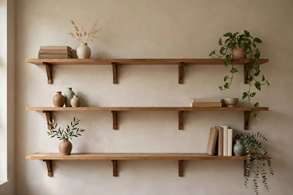 Living room wall with open wood shelves styled with books, small pottery vases, and a trailing plant.
