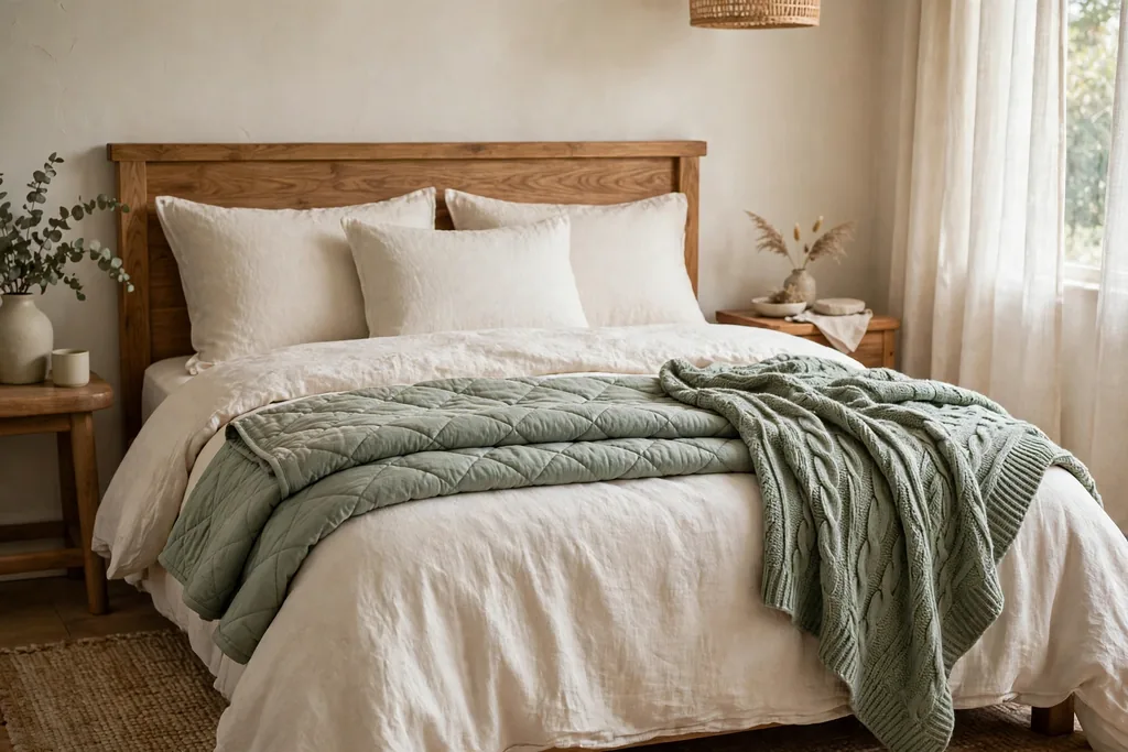 Cozy bedroom bed with layered bedding in warm white and sage, a folded quilt, and a knit throw at the foot.