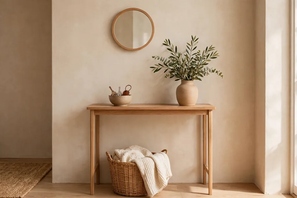 Welcoming entryway with a slim wood console table, a mirror above, a bowl for keys, and a vase with stems.