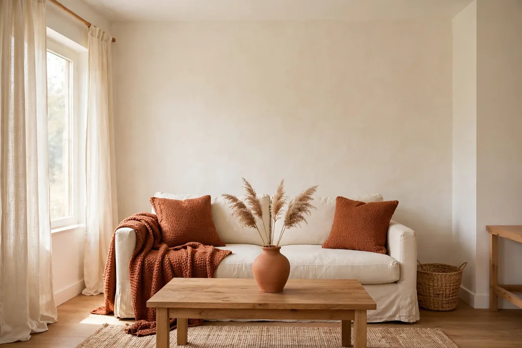 Calm living room in cream and warm white with rust cushions, a terracotta vase, and a rust throw.