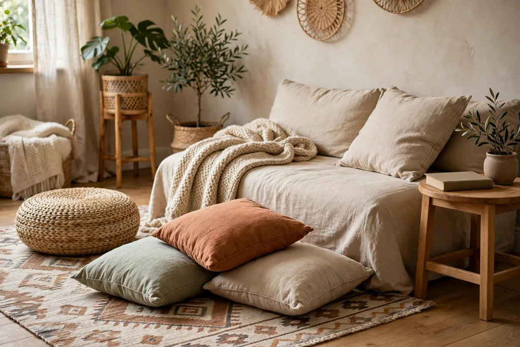 Relaxed living room with a round woven pouf and floor cushions beside a low sofa on a rug.