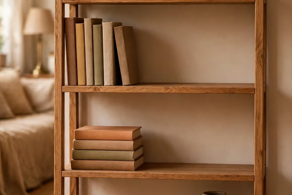 Styled bookshelf with books grouped upright and stacked, a small plant, a ceramic vase, and one framed print.