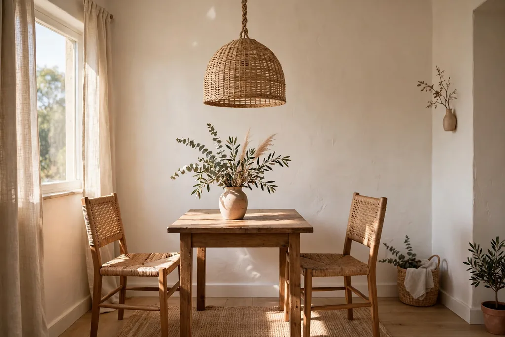 Dining corner with a woven rattan pendant light hanging above a small wood table with two chairs.