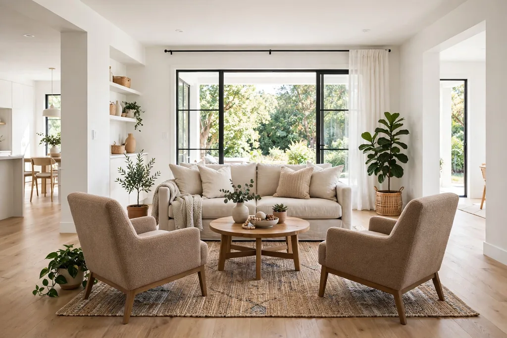 Open living room layout with a sofa facing a window, chairs angled for conversation, and a rug defining the seating area.