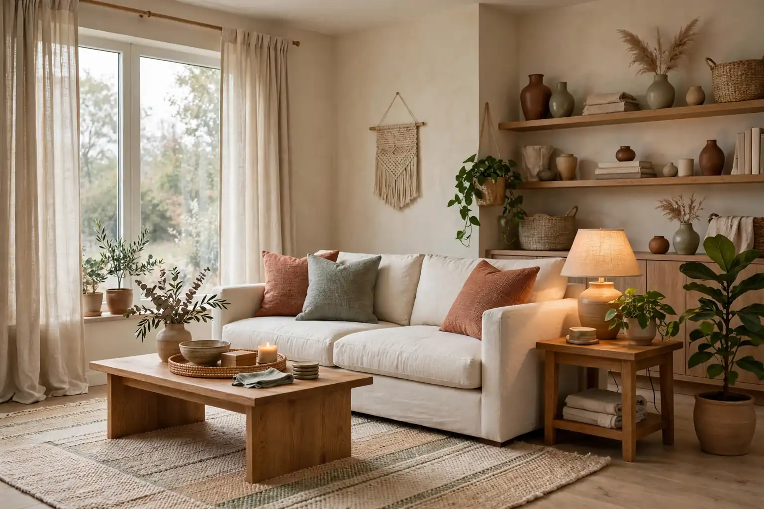 Wide cozy living room with a cream sofa, rust and sage cushions, a textured rug, linen curtains, a wood coffee table, plants, and warm lamps.