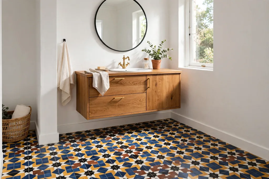 Bathroom floor in bold patterned encaustic tiles with white walls and a wood vanity.
