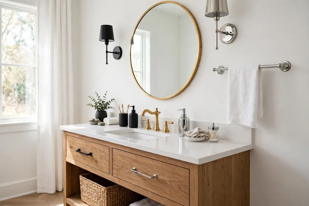 Bathroom vanity with mixed brass, black, and chrome fixtures and a round mirror.