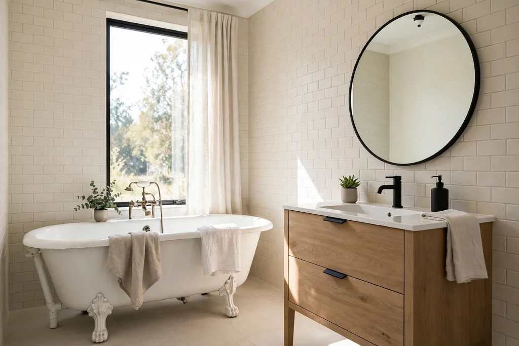 Vintage clawfoot tub beside a simple modern vanity in a bright bathroom.