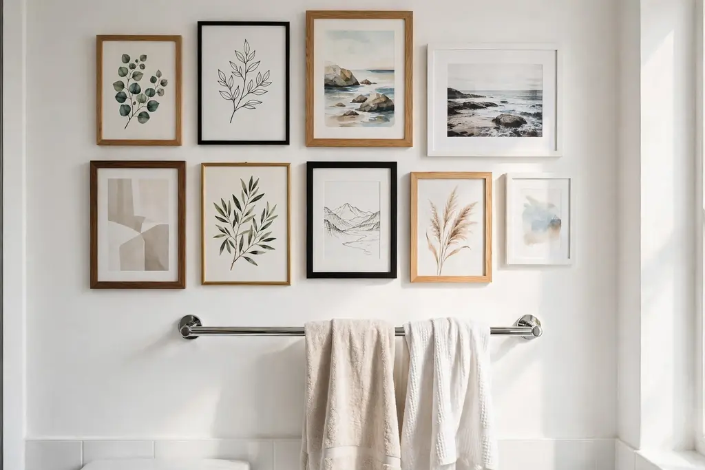 Bathroom gallery wall of mismatched framed prints above a towel rail.