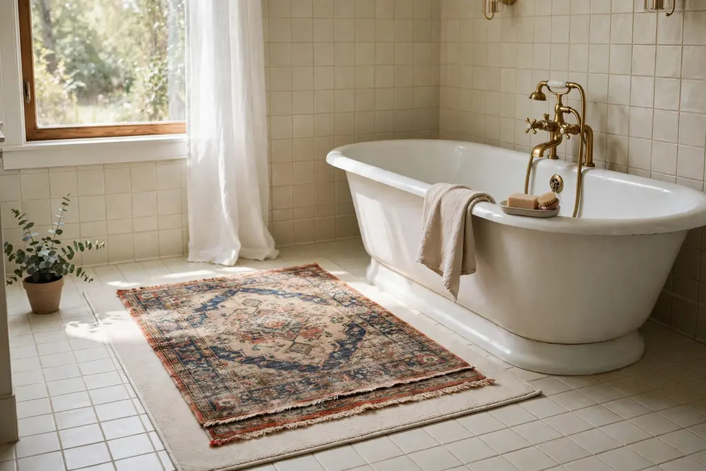 Layered vintage rug over a plain bath mat beside a bathtub.