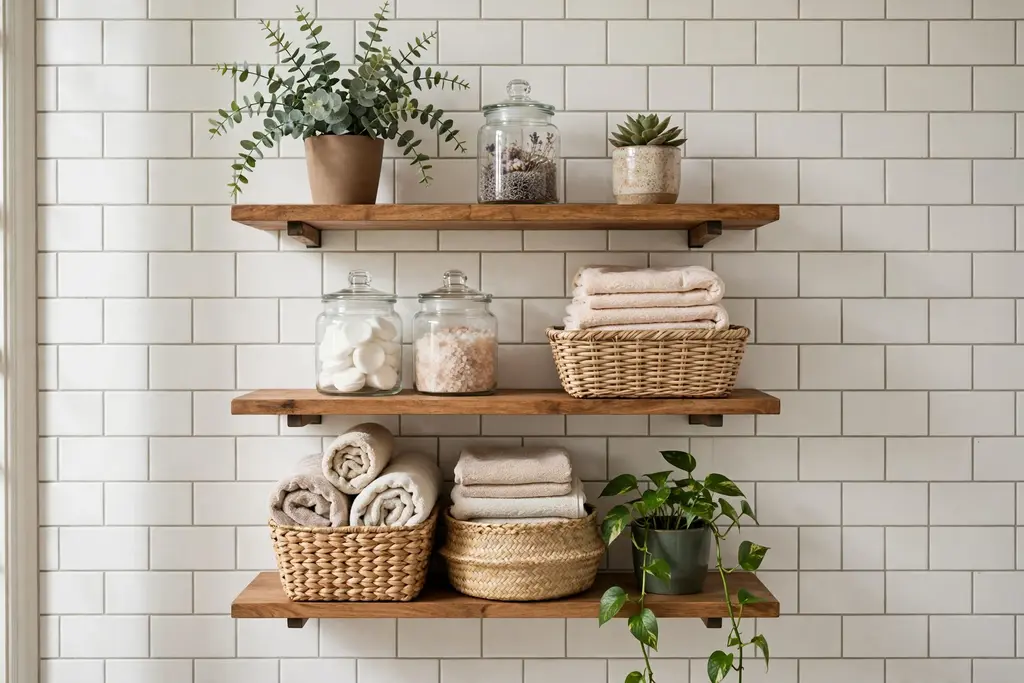 Open bathroom shelves holding plants, jars, baskets, and folded towels.