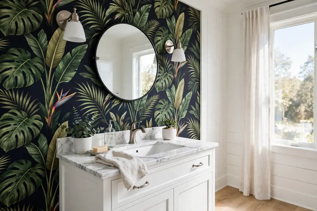 Bathroom accent wall in bold botanical wallpaper behind a vanity.