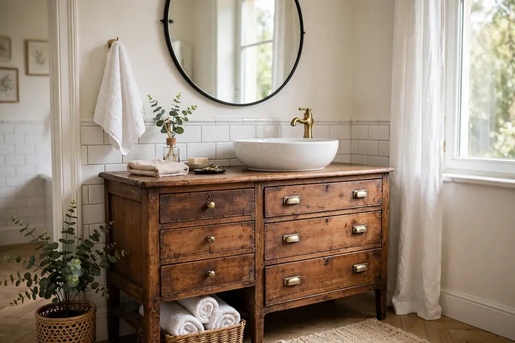 Repurposed wooden dresser used as a bathroom vanity with a vessel sink.