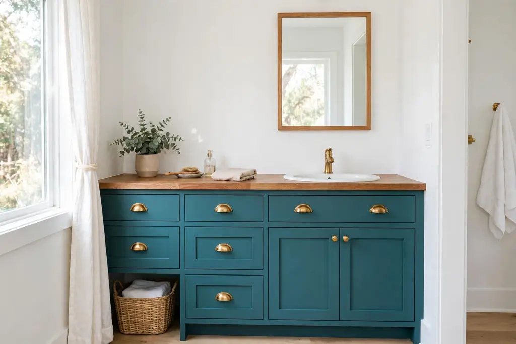 Teal painted bathroom vanity with a wood countertop and brass pulls.