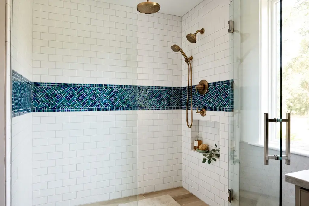 Shower with plain subway tile and a bold mosaic accent strip.