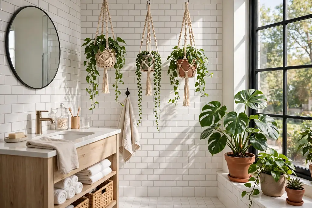 Hanging and potted plants in a bright bathroom beside a window.