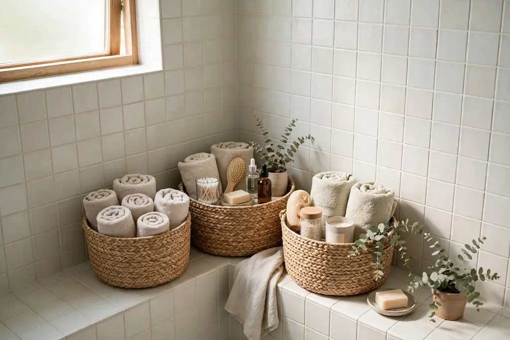 Woven baskets holding rolled towels and toiletries in a bathroom corner.