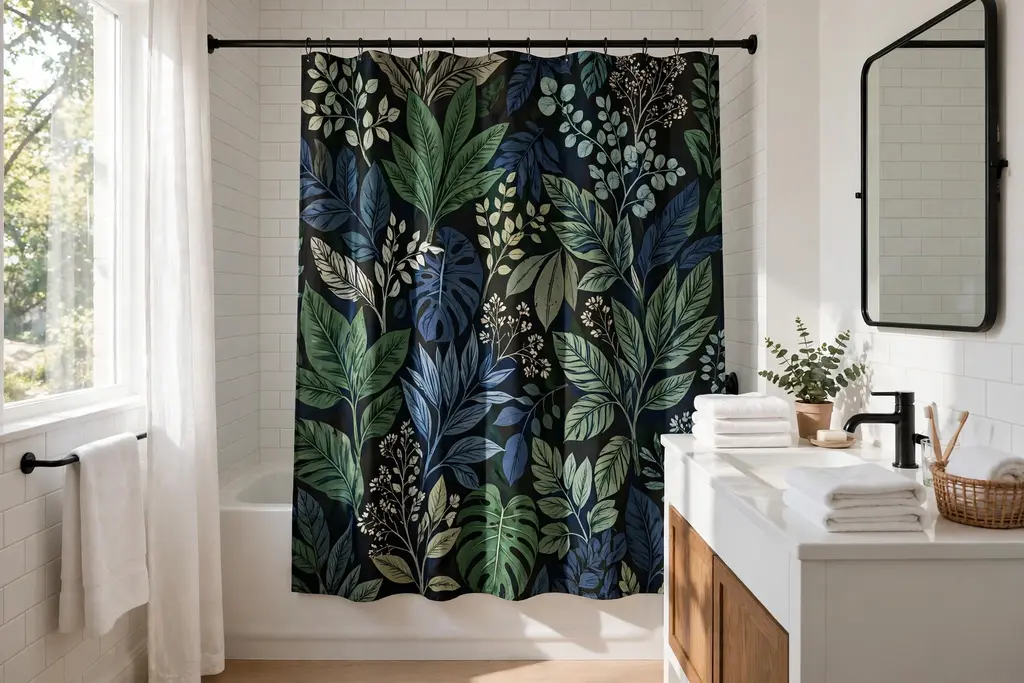 Bold patterned shower curtain as the focal point of a bathroom.