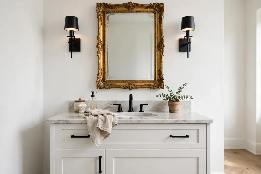 Antique framed mirror with modern wall sconces above a bathroom vanity.