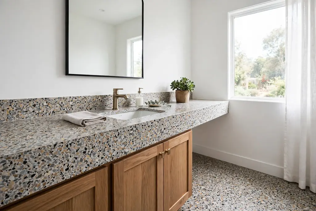 Bathroom with terrazzo countertop and matching terrazzo floor tiles.