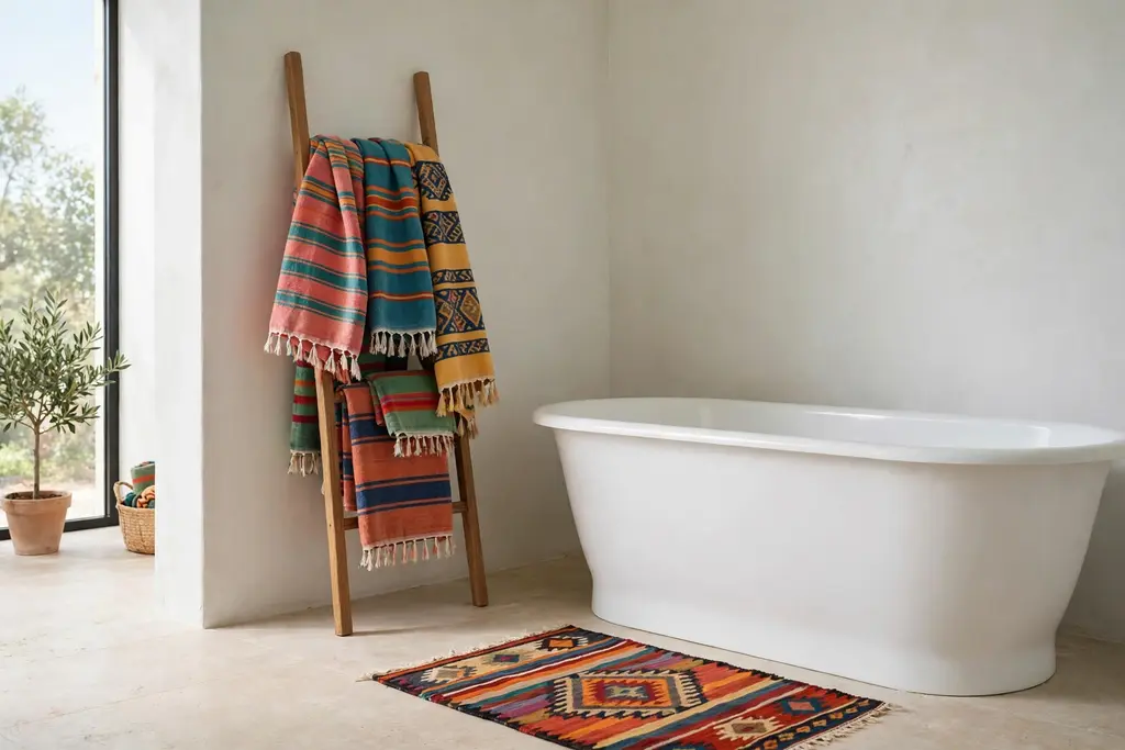 Turkish towels and a small kilim rug in a bathroom with a freestanding tub.