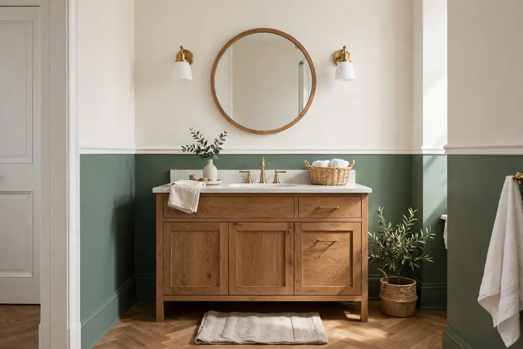 Bathroom walls painted in two blocked colors with white trim.
