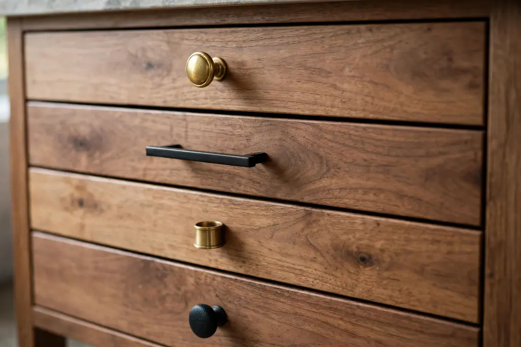 Bathroom cabinet with varied knobs and pulls in brass and black finishes.